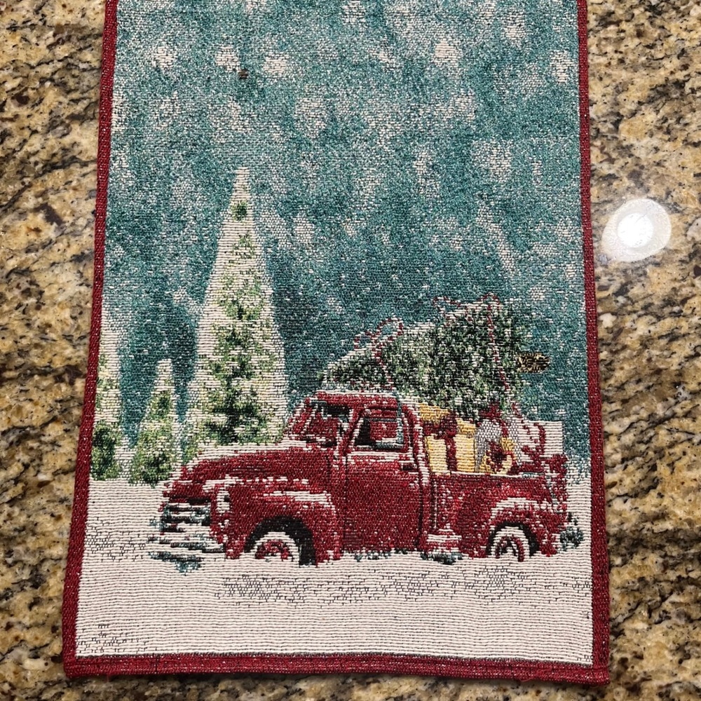 Christmas Table Runner Woven Tapestry Red Truck Tree Metallic Snow 13x68